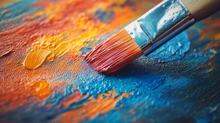 Fototapeta premium A close-up view of a paintbrush vividly blending vibrant hues on canvas, capturing artistic expression and creativity.