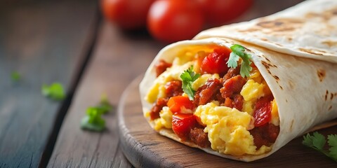 Spicy Chorizo and Scrambled Egg Breakfast Burrito on Wooden Surface