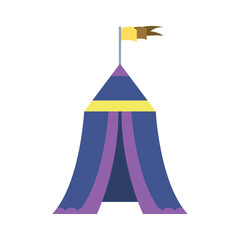 Flat vector illustration of a colorful medieval royal tent with flag, representing a historical pavilion used in fairs, festivals, and knight camps