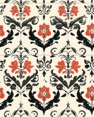 Fototapeta premium Red Black Floral Damask Pattern Seamless Tileable Texture