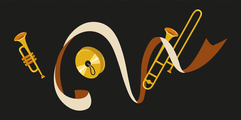 Music instruments swirl together in creative arrangement with vibrant colors and shapes
