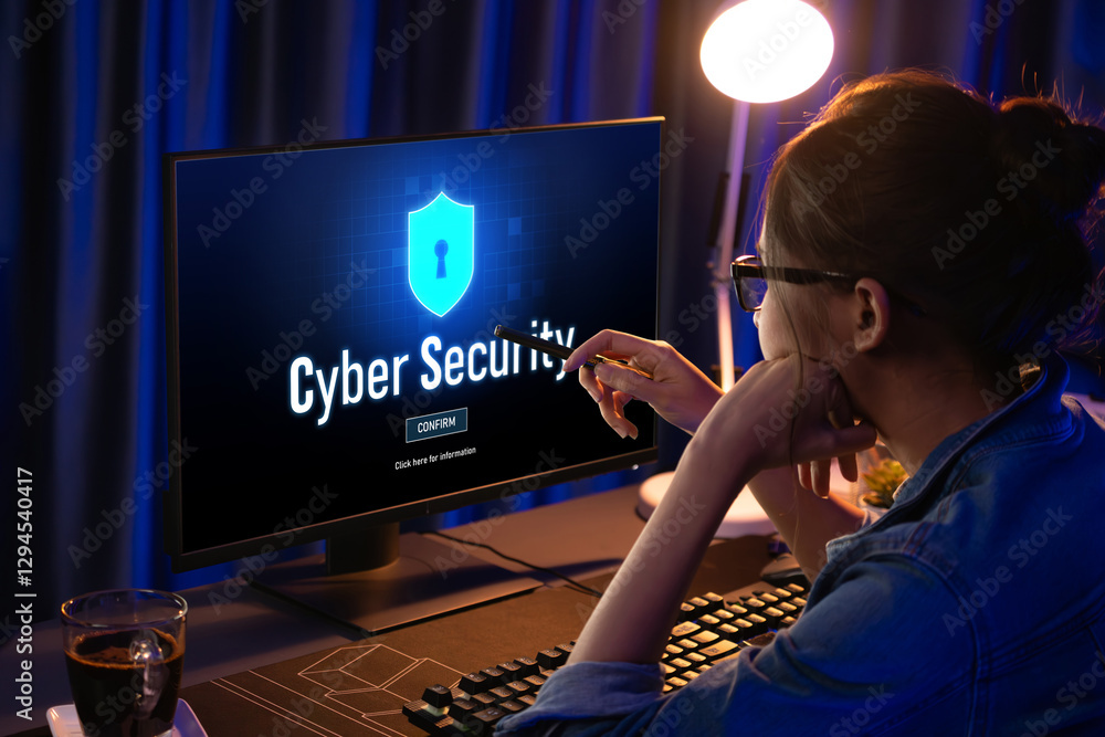 Poster cyber security system on computer screen protect private information brisk from hacker and cyber att