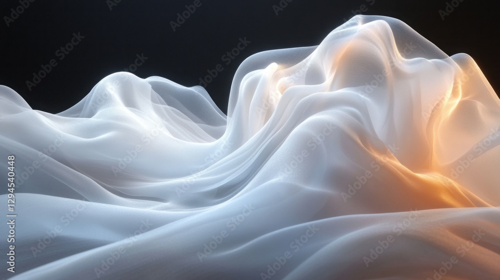 Poster Delicate layers of ethereal fabric create a mesmerizing landscape, with soft light illuminating the curves and folds as dusk settles in, evoking a sense of tranquility and wonder