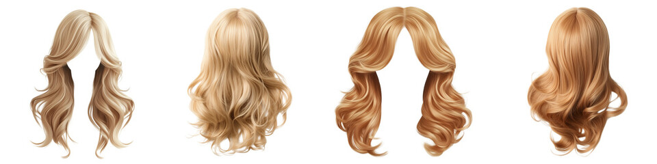Fototapeta premium Set of a blond wig with wavy hair, isolated on a transparent background.