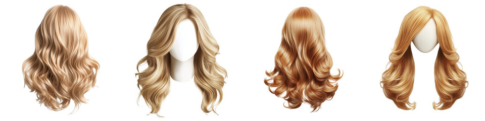 Fototapeta premium Set of a blond wig with wavy hair, isolated on a transparent background.