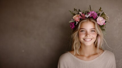 Naklejka premium Happy Woman with Pastel Flower Crown Spring Portrait Smiling Girl
