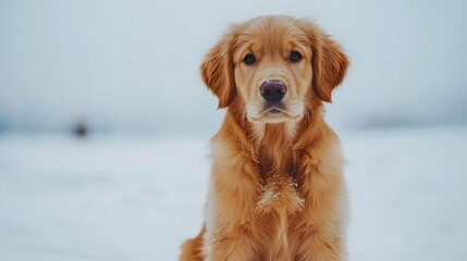 Golden Retriever Puppy Sitting in Snowy Landscape on a Winter Day