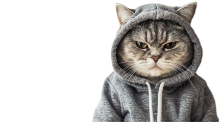 Playful cat in hoodie indoor studio setting pet photography fun environment close-up viewpoint whimsical concept