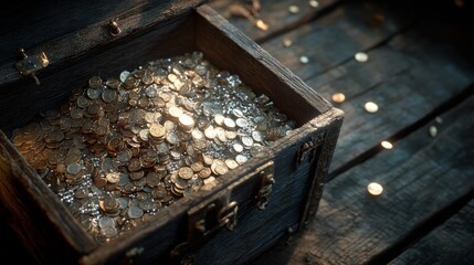 An open treasure chest overflows with glittering coins on a wooden surface, evoking tales of adventure and hidden riches.