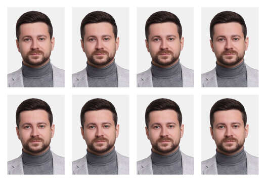 Photo of man for passport or other document on white background, set
