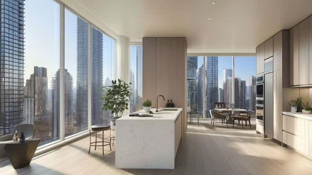 Luxury High-Rise Apartment Kitchen with City View