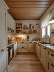 Fototapeta premium A cozy kitchen with light wood and neutral tones