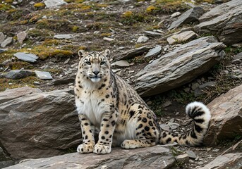 Obraz premium Majestic Snow Leopard Resting on Rocky Terrain in Its Natural Mountain Habitat.