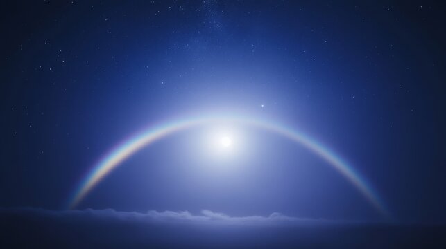 An ethereal moonbow arches over a sea of clouds, illuminating the night with its luminous beauty and celestial allure.