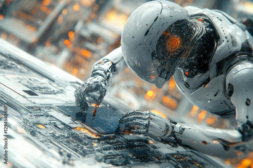Poster a futuristic robot meticulously examines and interacts with a complex circuit board.