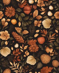 Fototapeta premium Warm Toned Autumnal Seamless Pattern with Fall Flowers, Leaves and Pine Cones