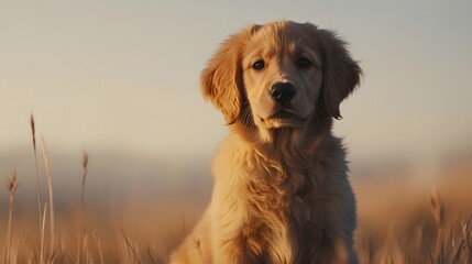 Adorable Golden Retriever Puppy Sitting in Field at Sunset