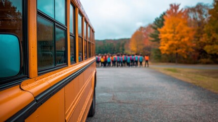 Fototapeta premium School Bus Students Autumn Fall Education Transportation Road Trees Yellow Bus Ch