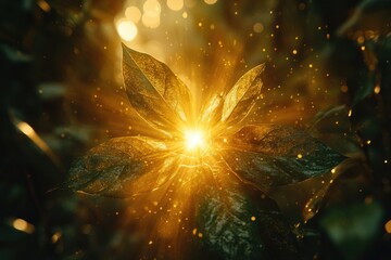 Fototapeta premium Golden sunlight illuminates lush green leaves, creating a magical, ethereal glow in nature.