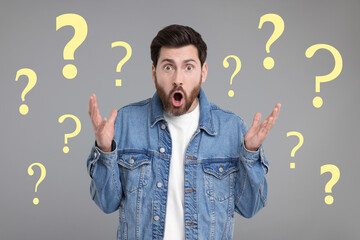 Shocked man surrounded by question marks on grey background