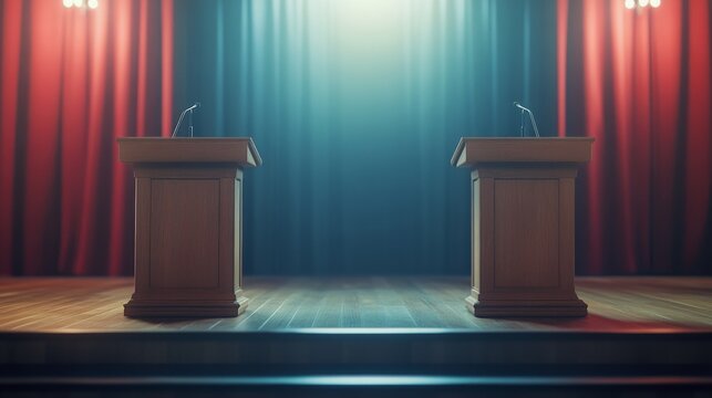 Twin podiums stand poised for a debate on a dimly lit stage, suggesting upcoming discourse.