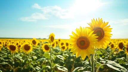 Fototapeta premium A sunflower field in full bloom with a bright blue sky as the backdrop
