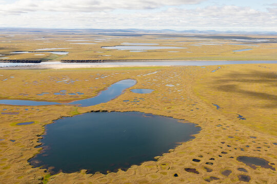 Aerial view of the tundra in the Lena River delta, Yakutia, Russia