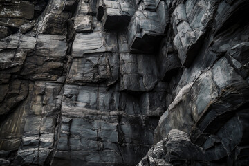 Fototapeta premium Detailed shot of a large rock formation, showcasing its rugged texture and layered structure. The rock face is dark with shades of gray and black