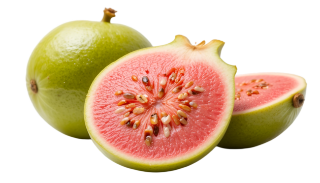 slice of watermelon.
Fresh Whole and Sliced Guava with Pink Flesh and Seeds on White Background – Minimalist Food Photography
 - Powered by Adobe