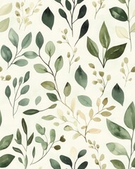 Watercolor Green and Beige Leaves Seamless Pattern on White Background