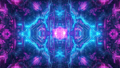 Abstract glowing fractal art with vibrant neon colors and symmetrical design.