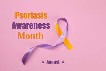 Psoriasis Awareness Month (August). Orange-orchid awareness ribbon on pink background, top view