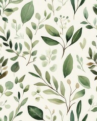 Watercolor Green Leaves Seamless Pattern on Off White Textured Background
