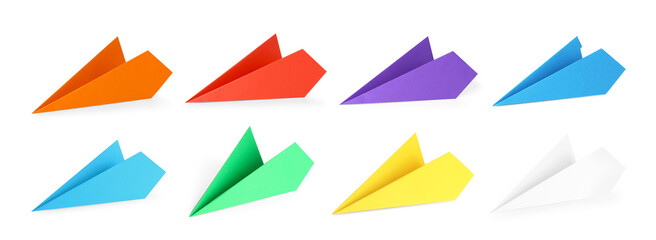 Paper planes in different colors on white background, set