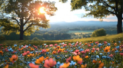 Fototapeta premium Serene Sunrise Meadow Colorful Wildflowers Lush Trees Tranquil Landscape