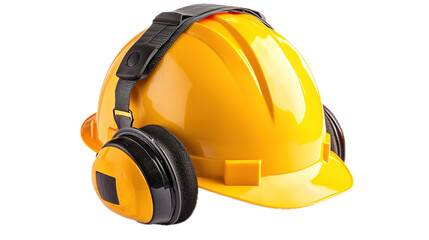 Construction safety gear hard hat and ear protection industrial workshop equipment photography bright environment close-up view workplace safety concept