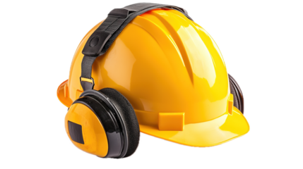 Construction safety gear hard hat and ear protection industrial workshop equipment photography bright environment close-up view workplace safety concept
