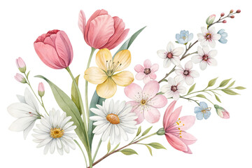 A set of hand-painted watercolor spring flowers, including tulips, daisies, and cherry blossoms, arranged in a delicate floral composition.