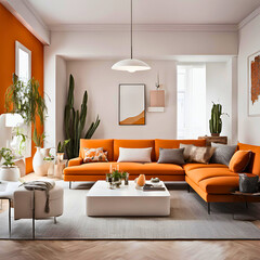 Modern Living Room with Orange Sofa and Stylish Interior Decor
