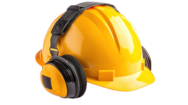 Construction safety gear hard hat and ear protection industrial workshop equipment photography bright environment close-up view workplace safety concept