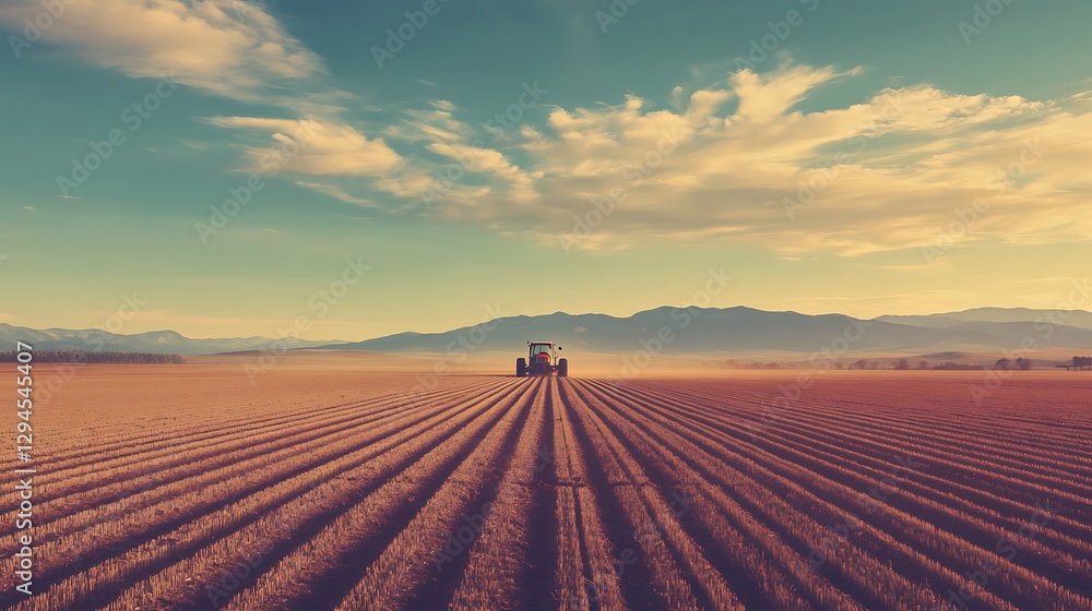 Poster a tractor planting seeds in neat rows in a large open field