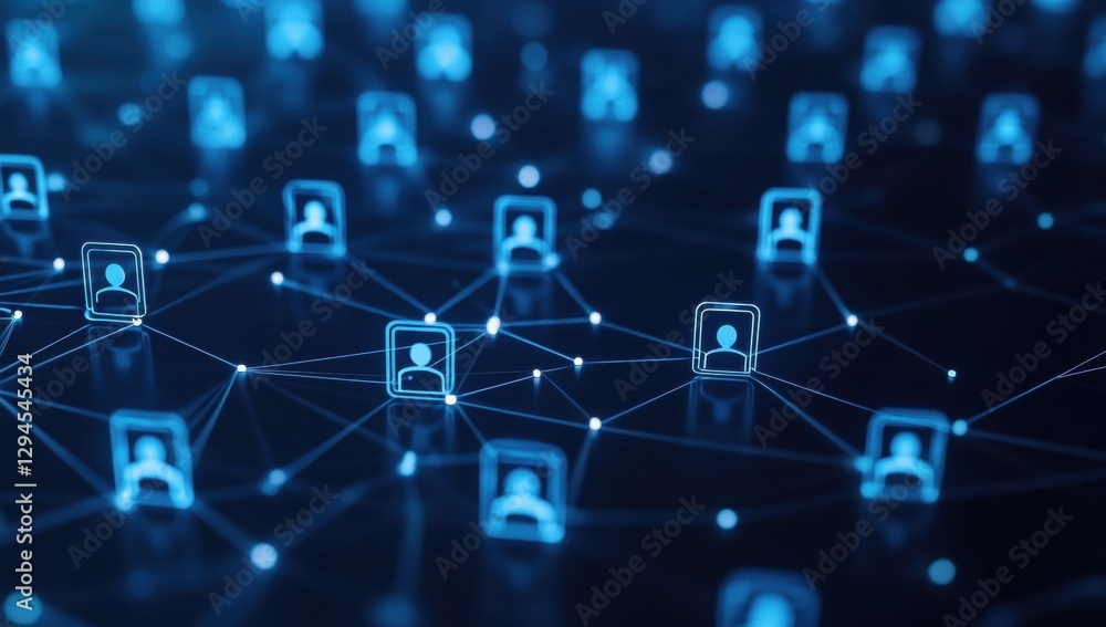 Poster a dark blue background with interconnected hexagons, each containing an outline of people or icons r