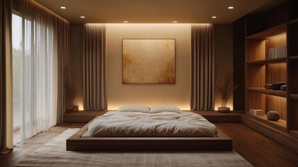 This cozy bedroom showcases a low-profile bed adorned with soft bedding, complemented by smart technology and minimalist design. Floor-to-ceiling curtains enhance the serene atmosphere
