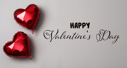 Happy Valentine's day card. Red shiny heart-shaped balloons on grey background, banner design