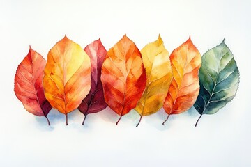 Watercolor painting of autumn leaves showcasing a vibrant spectrum of colors from red to green.