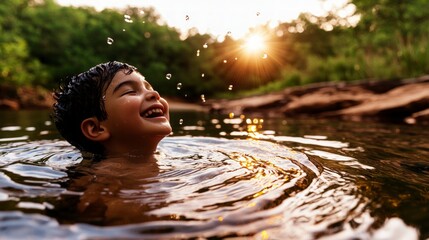 Fototapeta premium Joyful Child Swimming in Sunlit Lake Water
