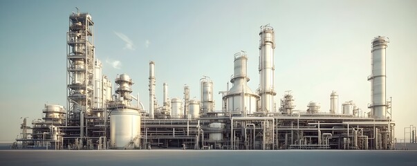 Obraz premium A large, modern industrial complex showcasing towering structures and intricate piping against a bright sky.