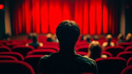 A theater audience captured from behind, focused on red curtains, invokes anticipation and excitement in a shared cultural moment.