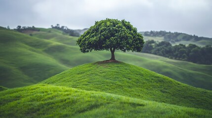 Fototapeta premium Serene Tree on Rolling Green Hills Nature Landscape Photography