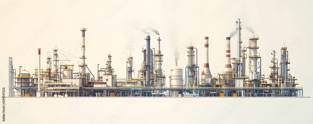 Poster a panoramic view of a modern oil refinery showcasing towering structures and intricate design agains